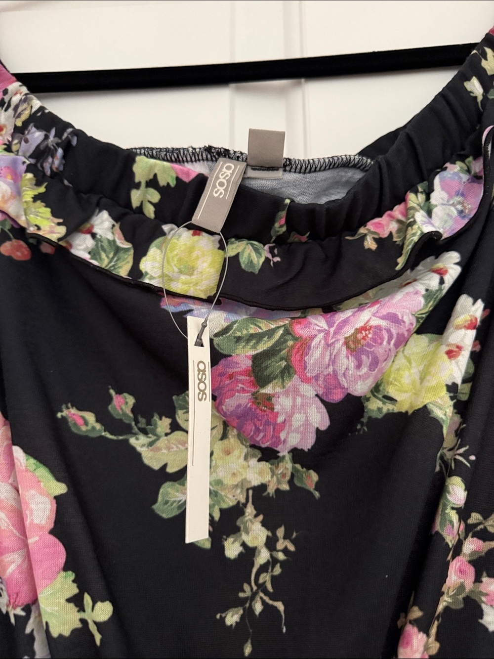 ASOS Black Floral Off-Shoulder High-Low Dress with Pink Roses - Picture 3 of 4